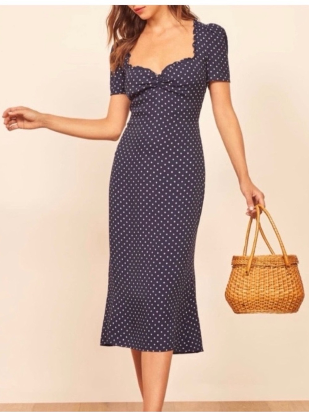 Reformation Navy and White Polka Dot Midi Dress